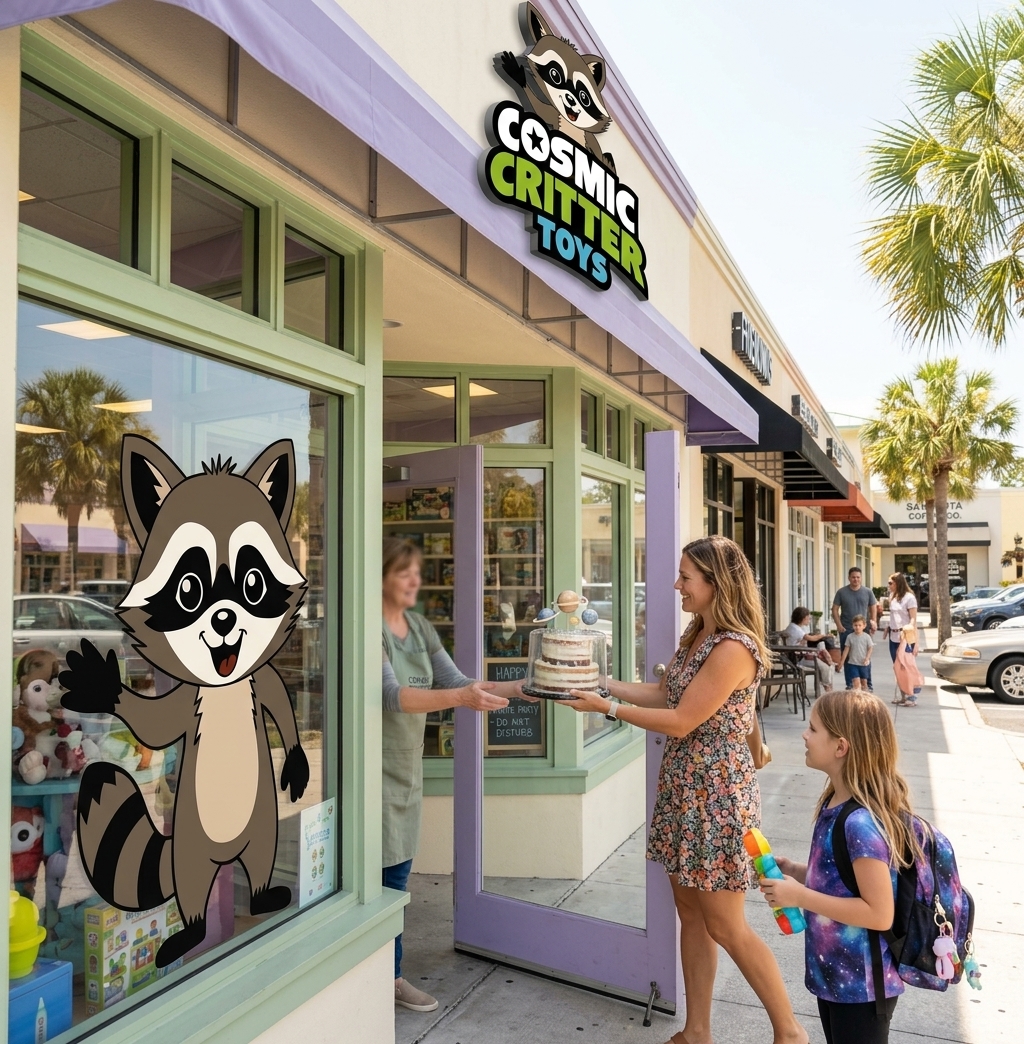 Cake drop-off at Cosmic Critter Toys