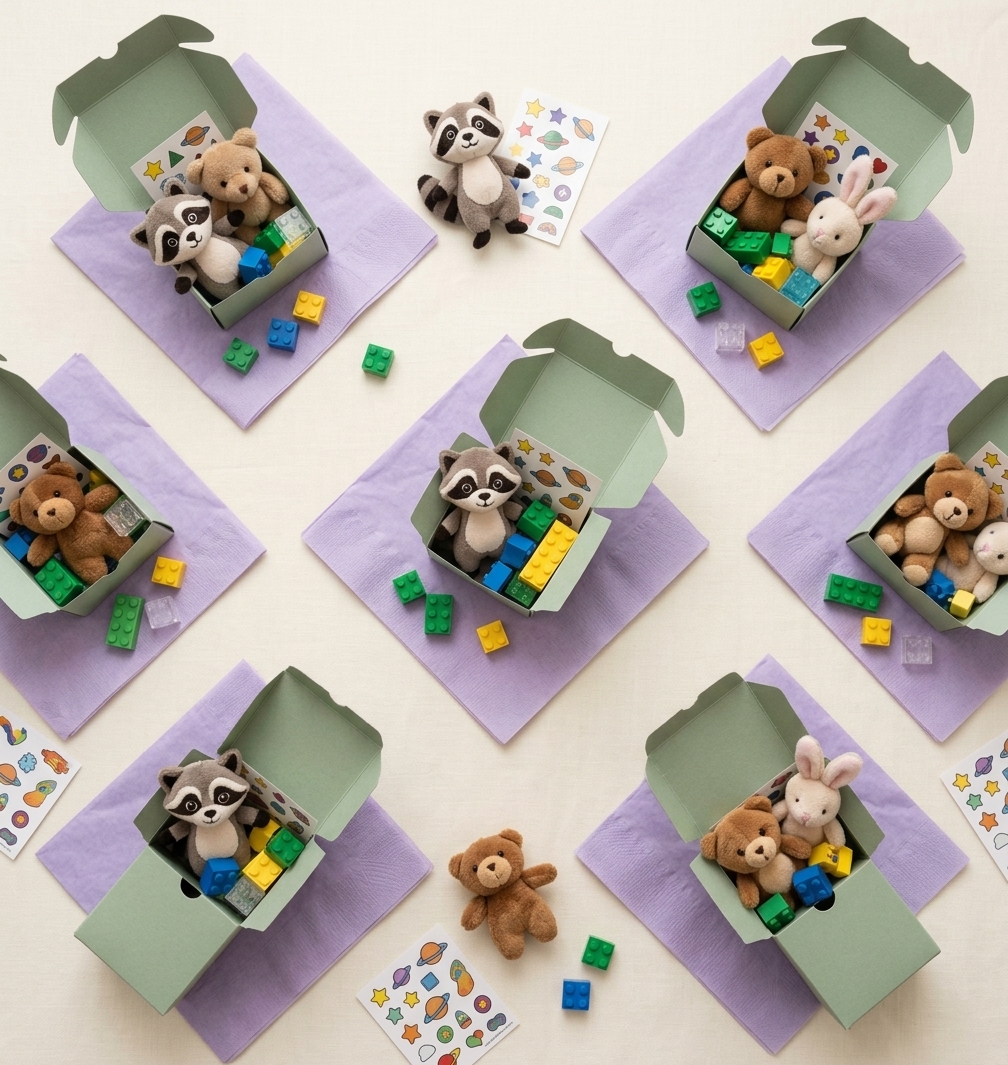Cute party favors on a lavender table