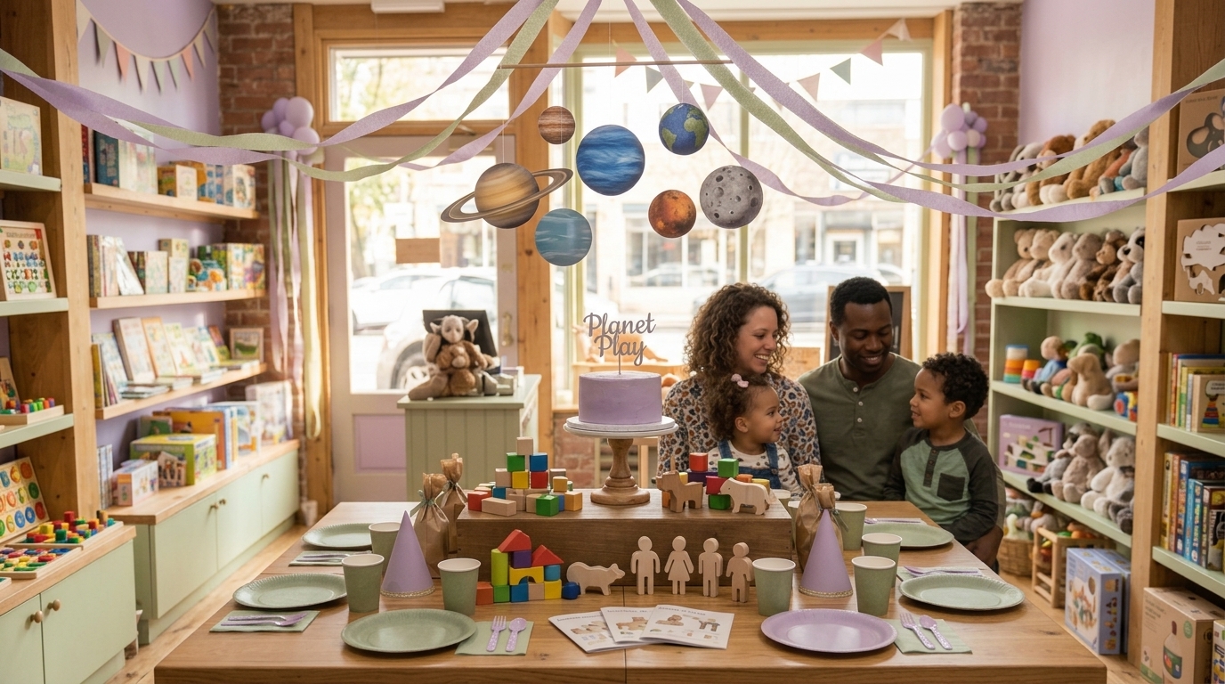 Critter Planet birthday party in the toy shop