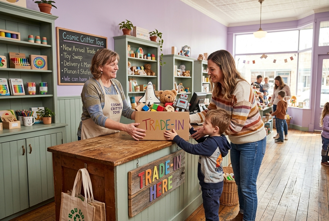 Families with toys at the counter