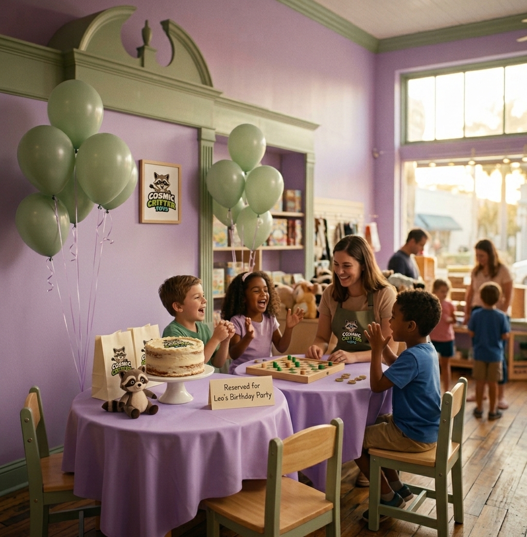 Kids birthday energy in a cute toy shop party room